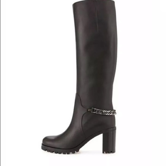 Christian Louboutin Shoes - Napoleo Leather 70mm Red Sole Knee Boot w/ Chain